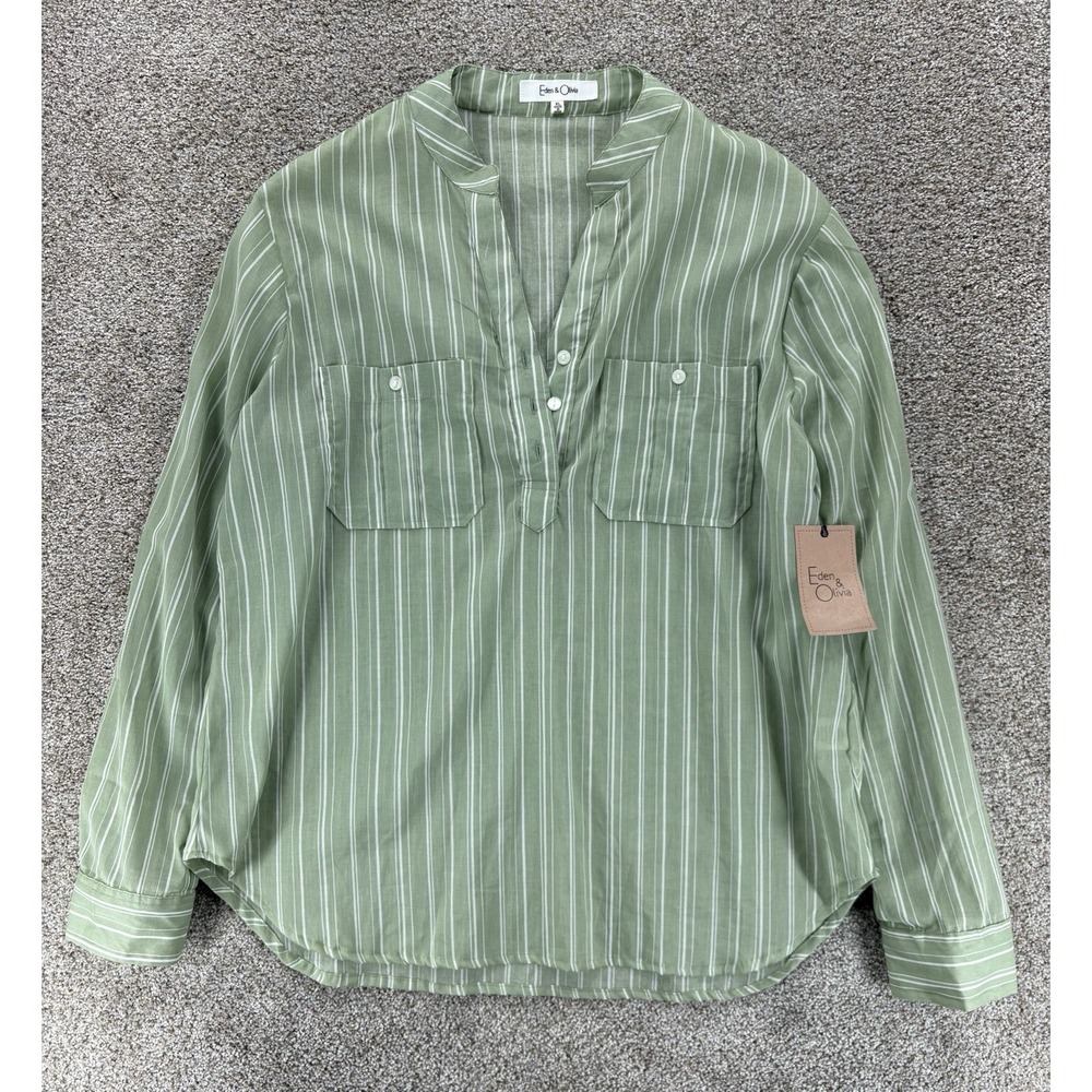 Eden & Olivia 1/2 Button Up Tunic Women XL Green Stripe Roll Tab Cottagecore NWT